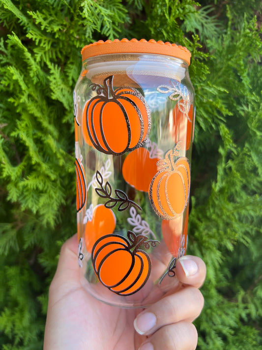 Fall Pumpkin glass can cup w/ Rhinestone Lid & Glass Straw