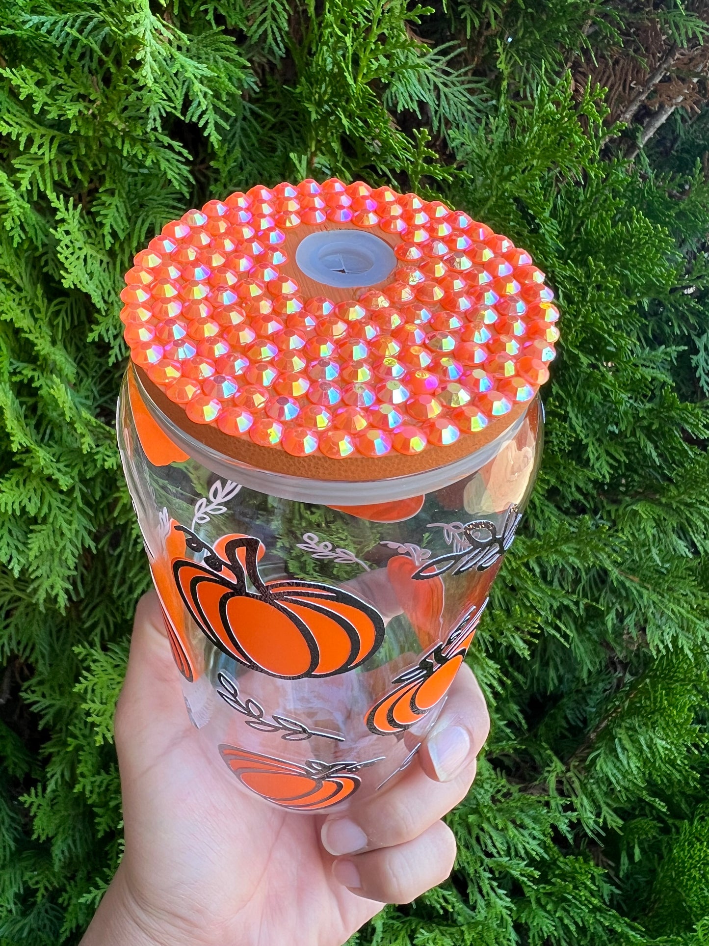 Fall Pumpkin glass can cup w/ Rhinestone Lid & Glass Straw