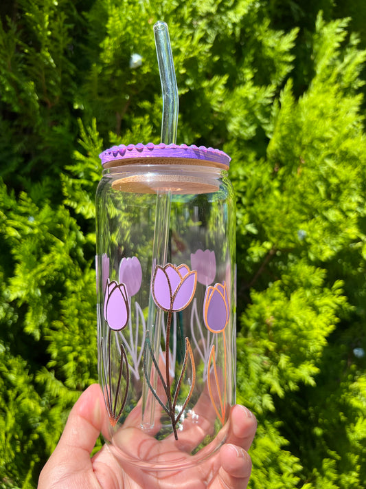 Tulips & Choose Hózhó glass can w/ Rhinestone Lid & Glass Straw